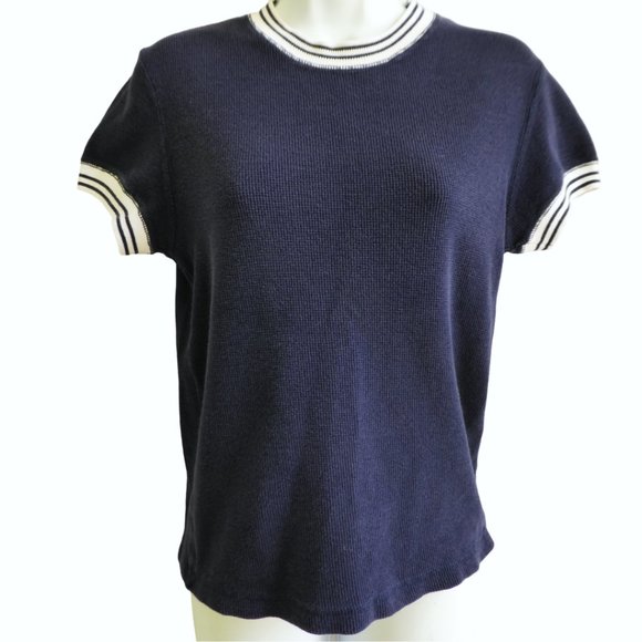 Vintage 80s Anchor Blue Navy Blue Thermal White Striped Ringer Tee Short Sleeve - Picture 2 of 5